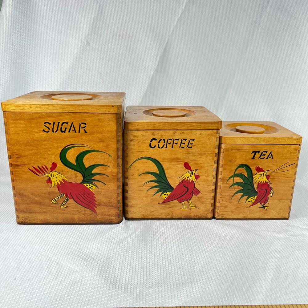Vintage Nasco Wooden Rooster Canister Set hand painted Japan Made